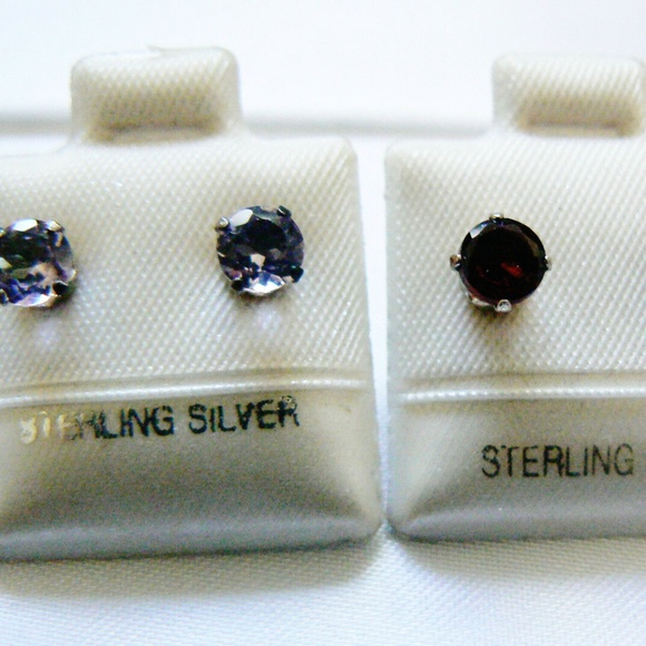 Jewelry - Lot of 2 New Sterling Silver 925 round cut Amethyst & Garnet stone Stud Earrings